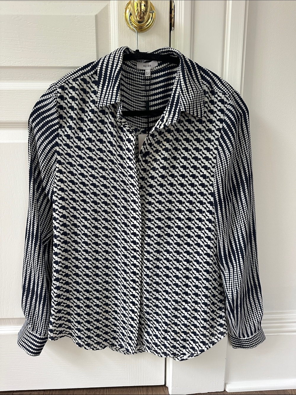 Navy & White Livvy Diamond Geo Print- Reiss Button-Up Blouse